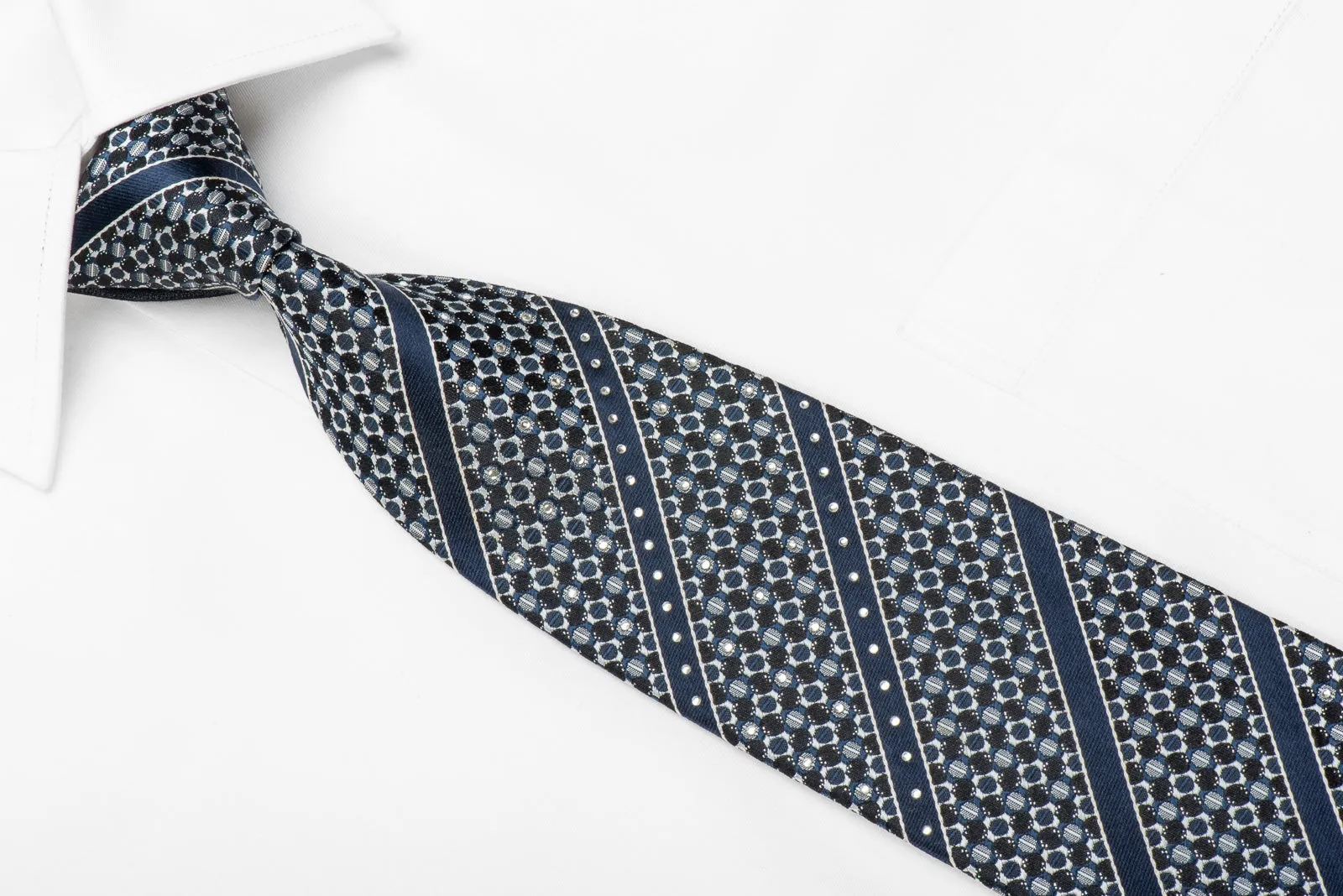 Pierre Cardin Men's Crystal Silk Necktie Silver Geometric & Stripes On Dark Blue With Sparkles