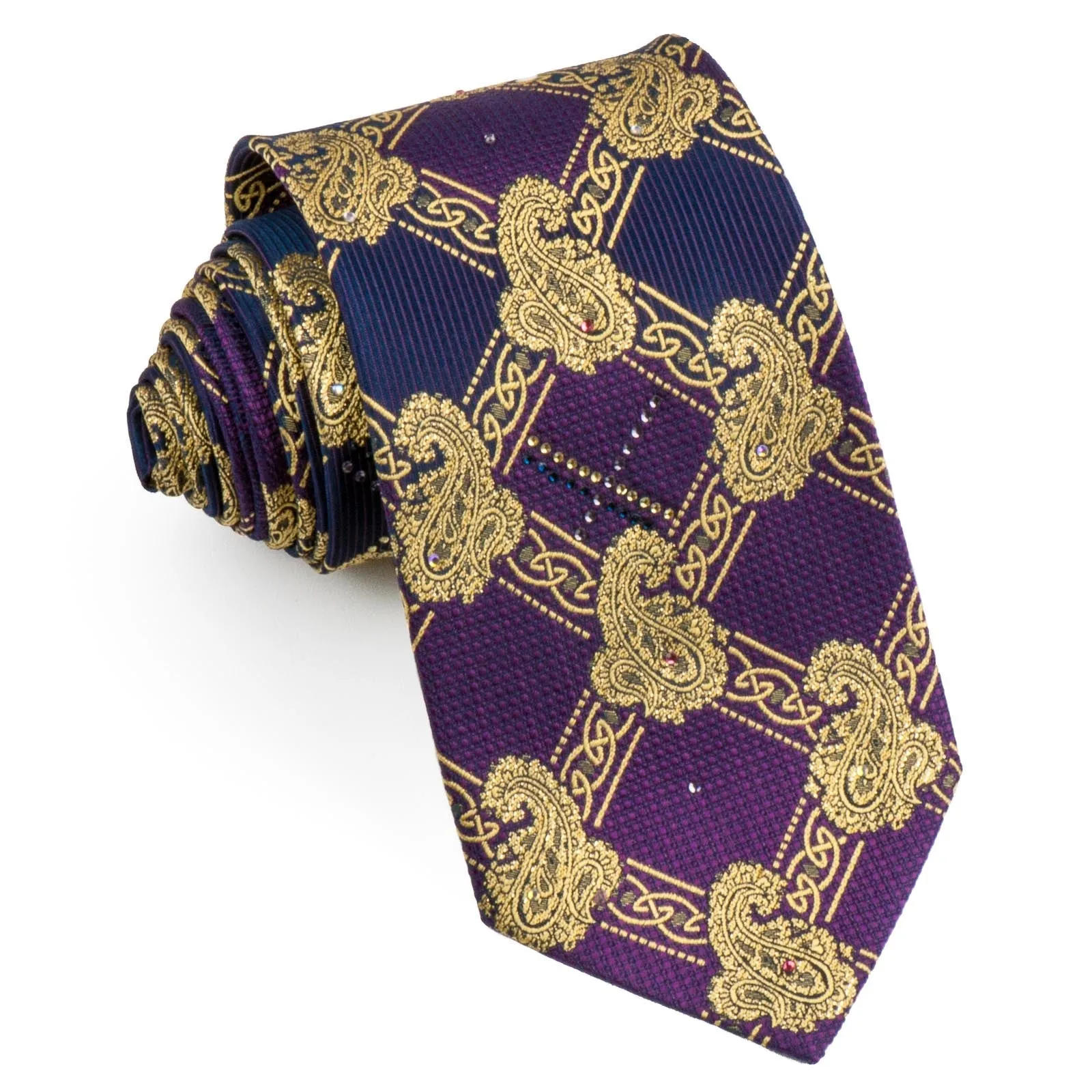 Pierre Cardin Rhinestone Tie Golden Paisley Harlequin On Purple With Golden Sparkles