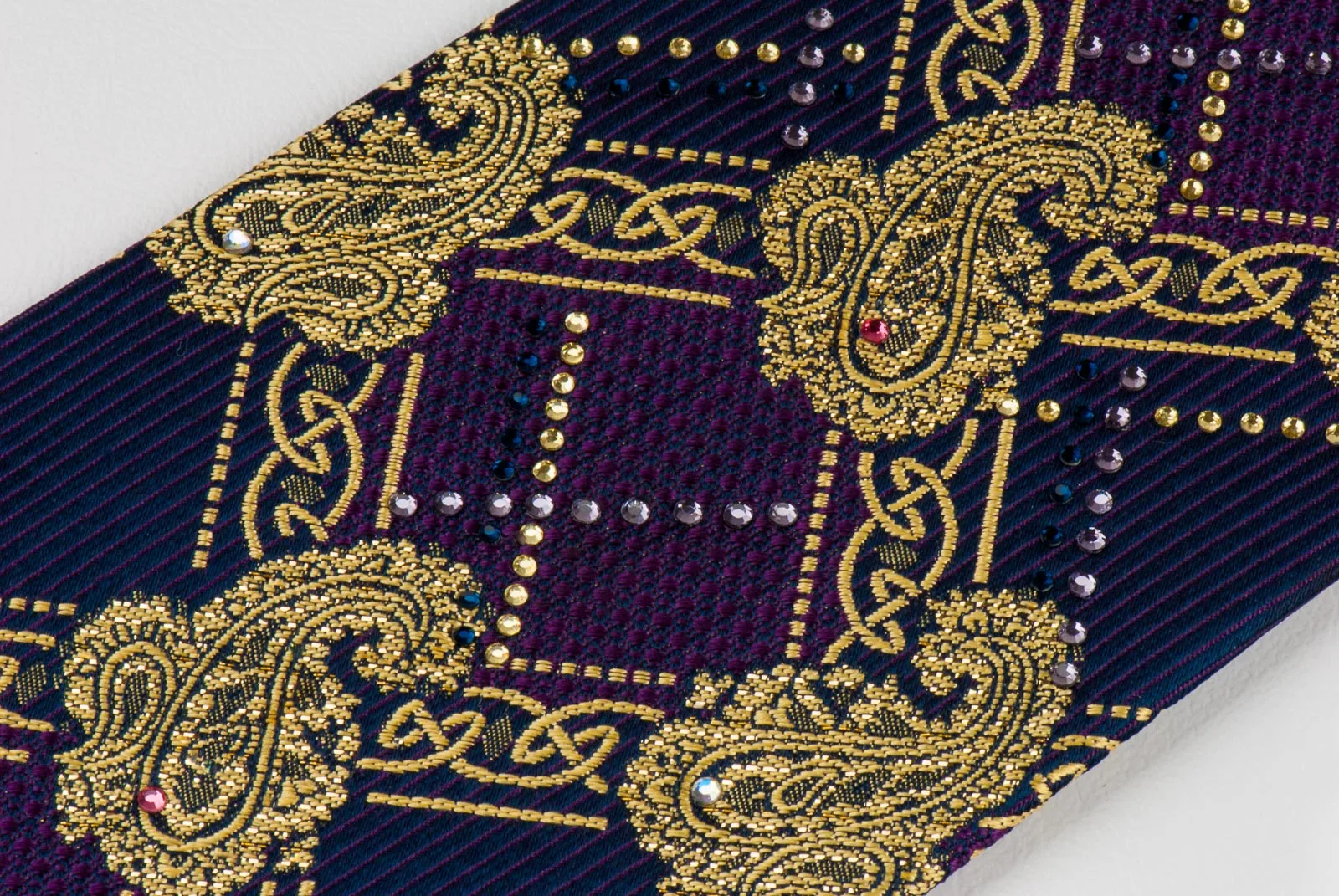 Pierre Cardin Rhinestone Tie Golden Paisley Harlequin On Purple With Golden Sparkles