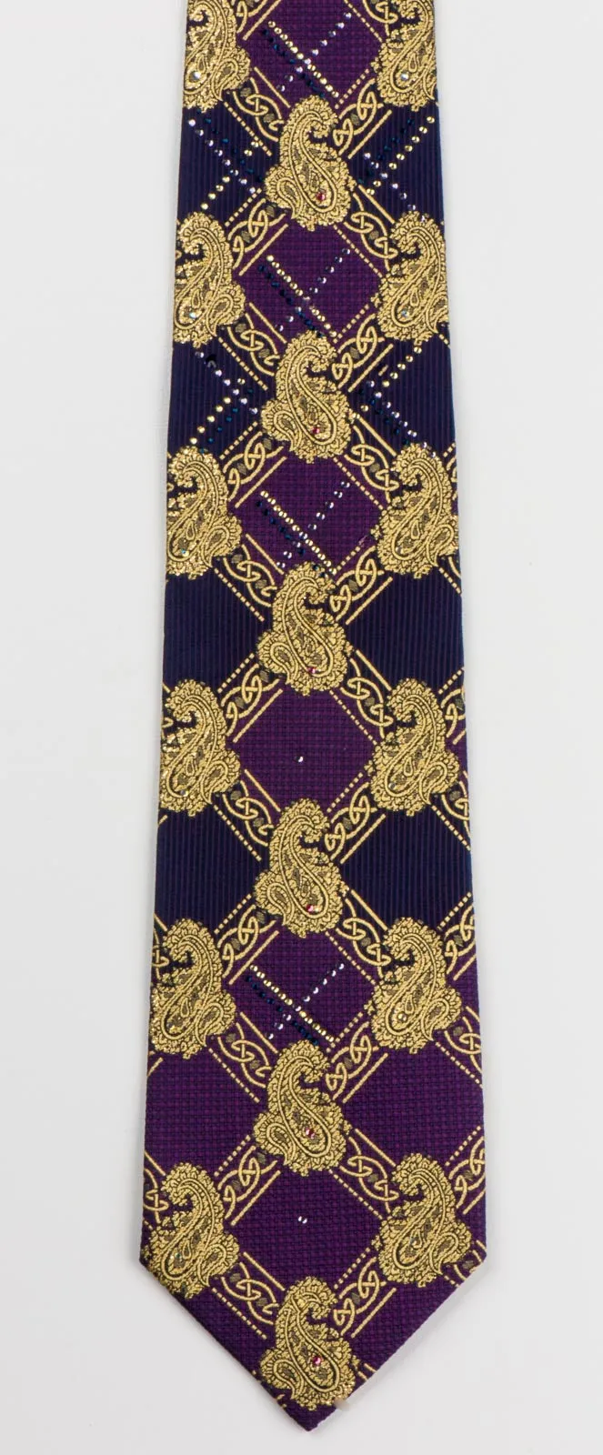 Pierre Cardin Rhinestone Tie Golden Paisley Harlequin On Purple With Golden Sparkles