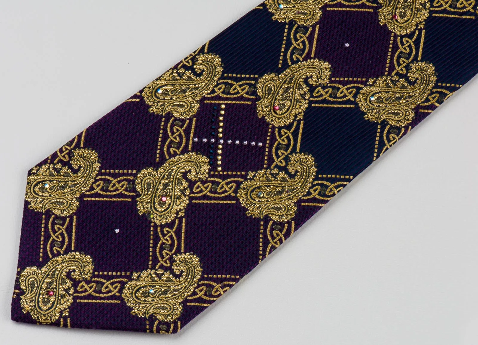 Pierre Cardin Rhinestone Tie Golden Paisley Harlequin On Purple With Golden Sparkles