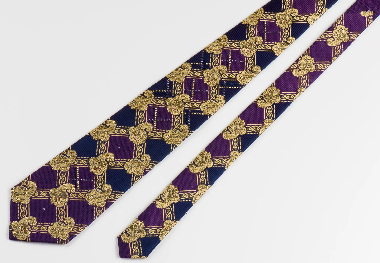 Pierre Cardin Rhinestone Tie Golden Paisley Harlequin On Purple With Golden Sparkles