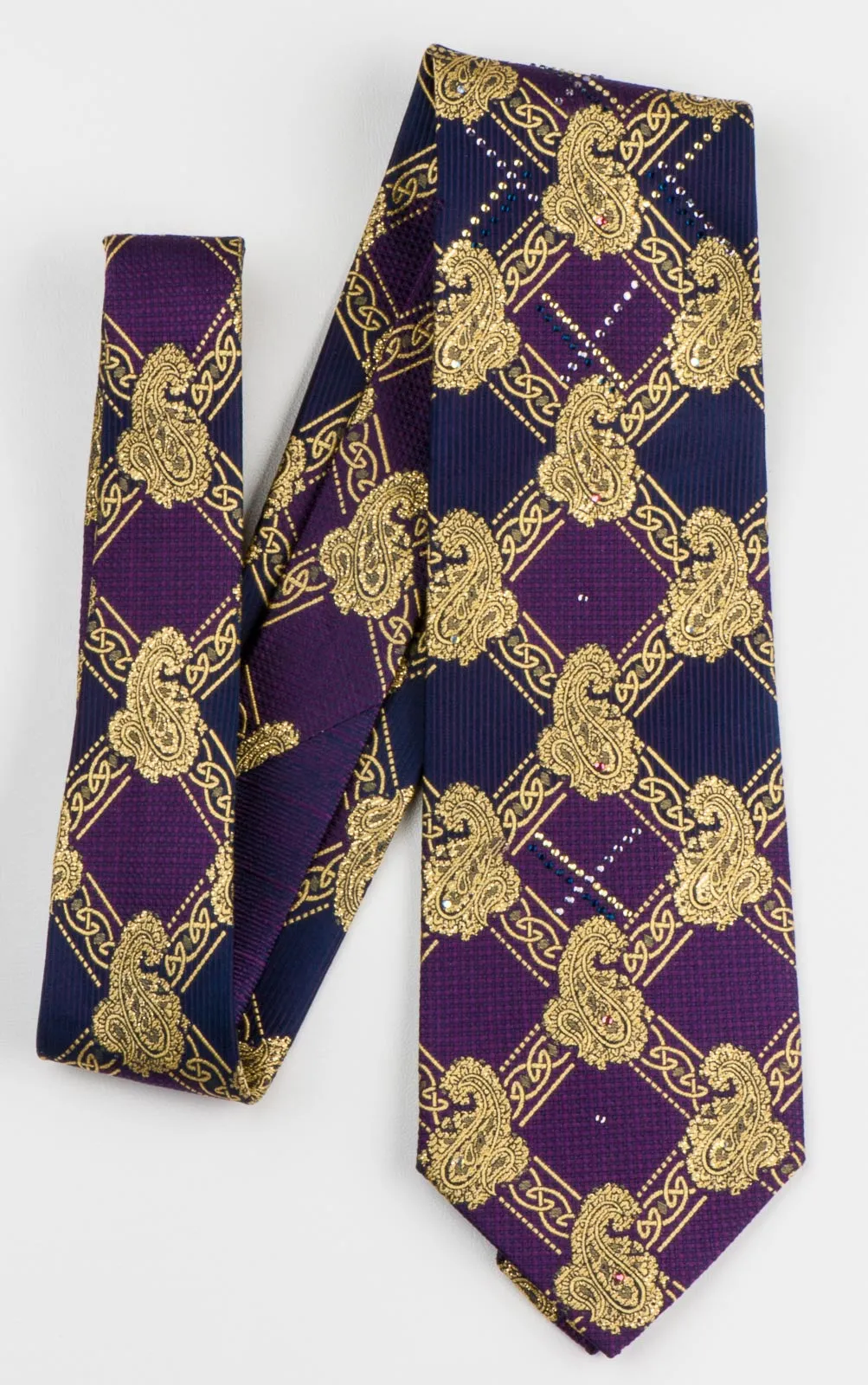 Pierre Cardin Rhinestone Tie Golden Paisley Harlequin On Purple With Golden Sparkles