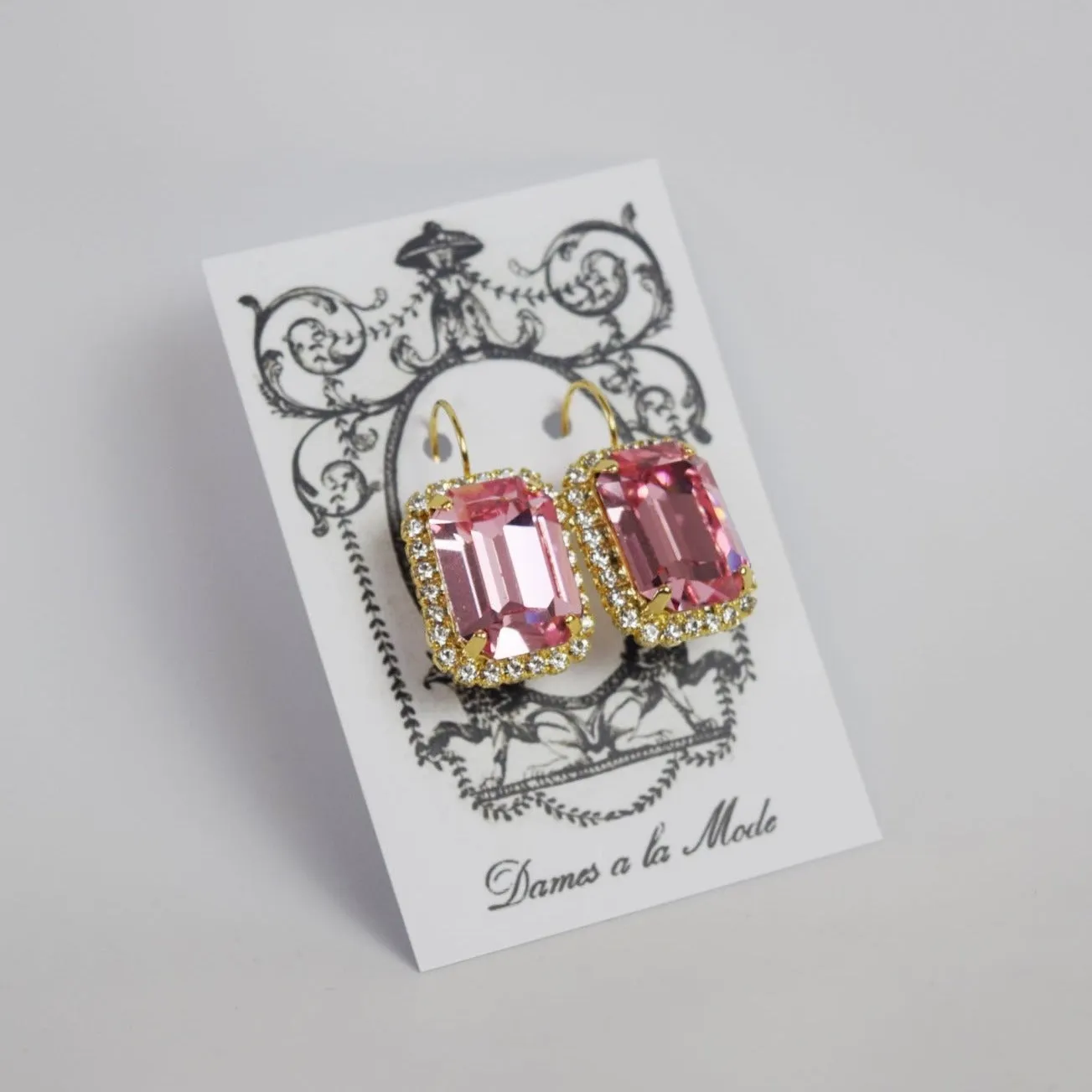 Pink Swarovski Halo Earrings - Large Octagon