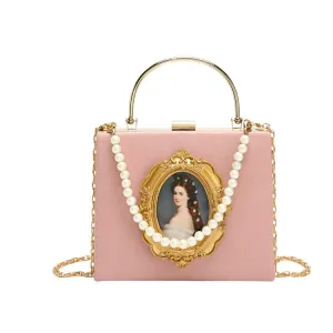 Portrait Faux Pearl Metal Handle Shoulder Bag