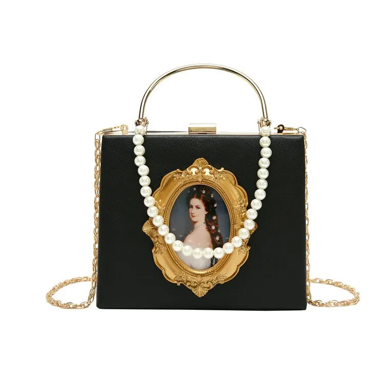 Portrait Faux Pearl Metal Handle Shoulder Bag