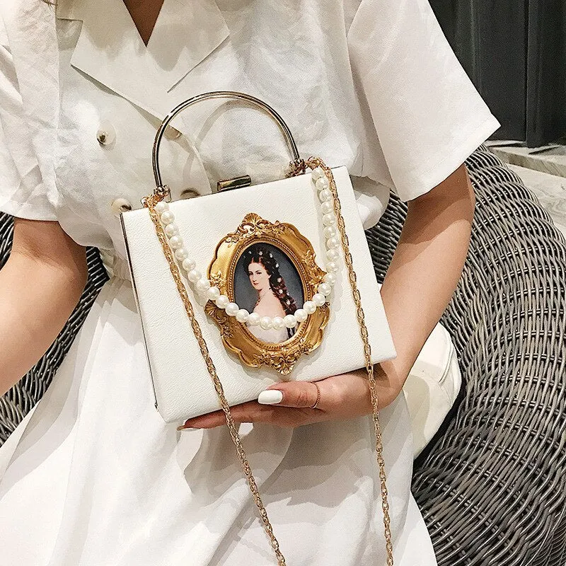 Portrait Faux Pearl Metal Handle Shoulder Bag