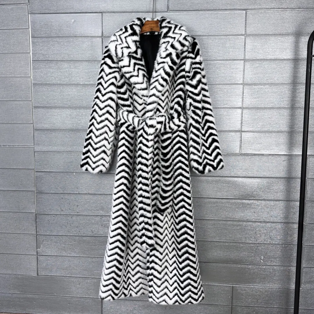 Pre Order:  Faux Fur Lapel Thick Warm Striped Long Coat