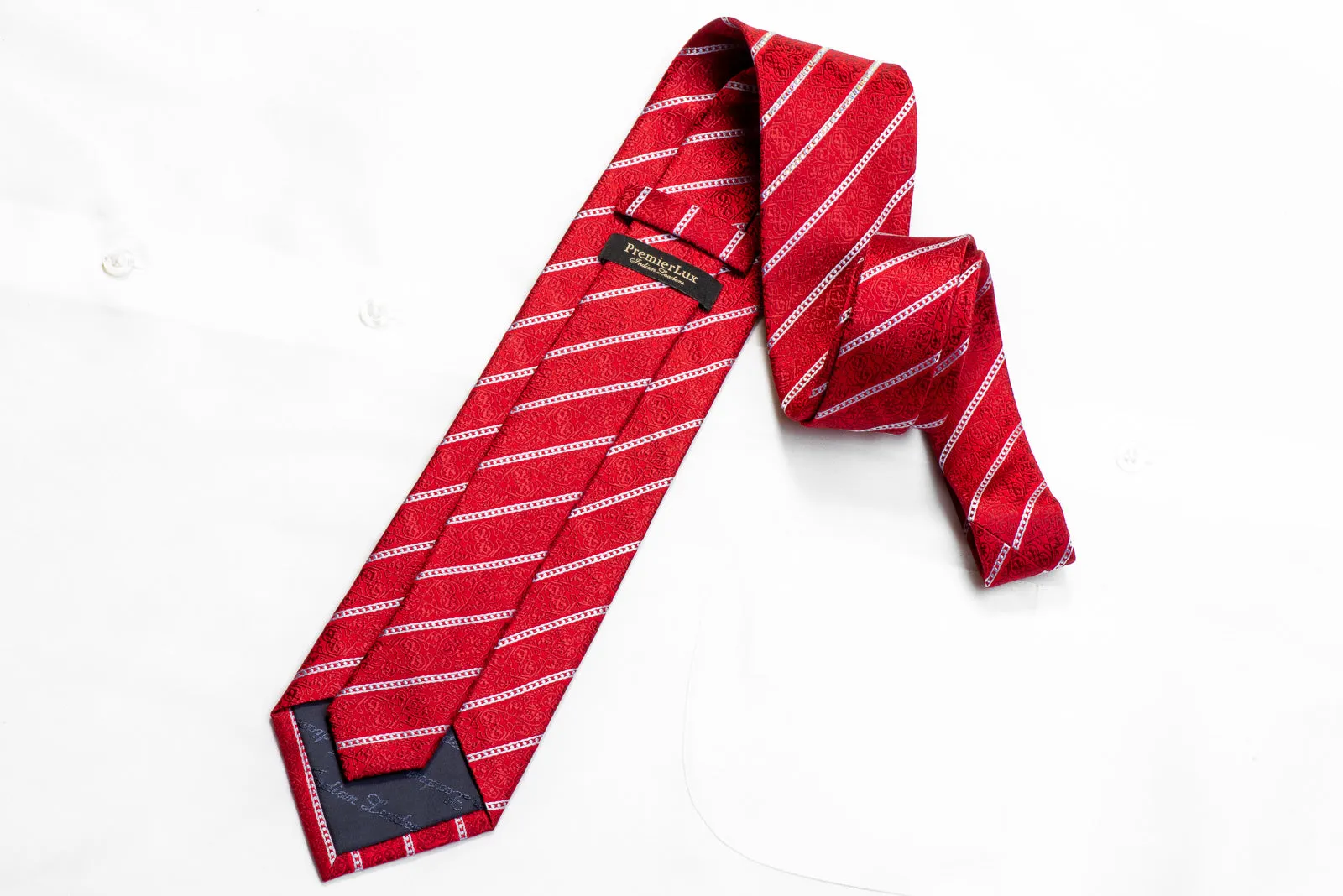 Premierlux Rhinestone Necktie Silver Striped On Red Silk