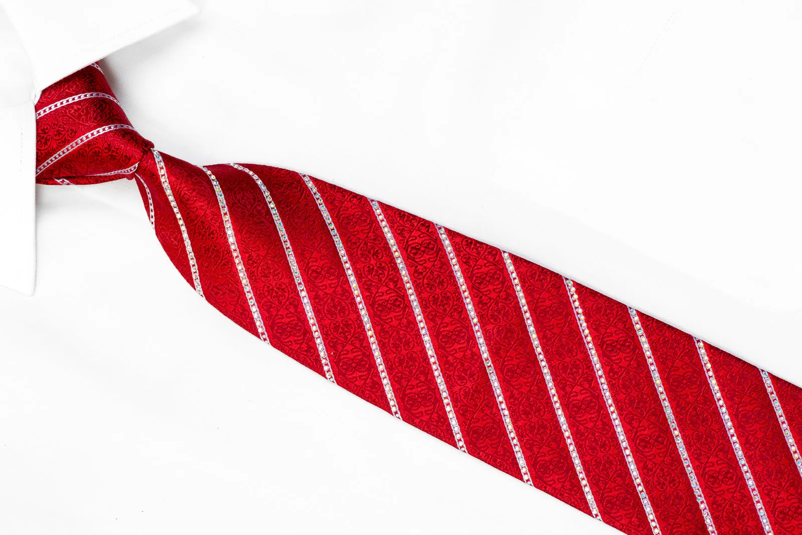 Premierlux Rhinestone Necktie Silver Striped On Red Silk