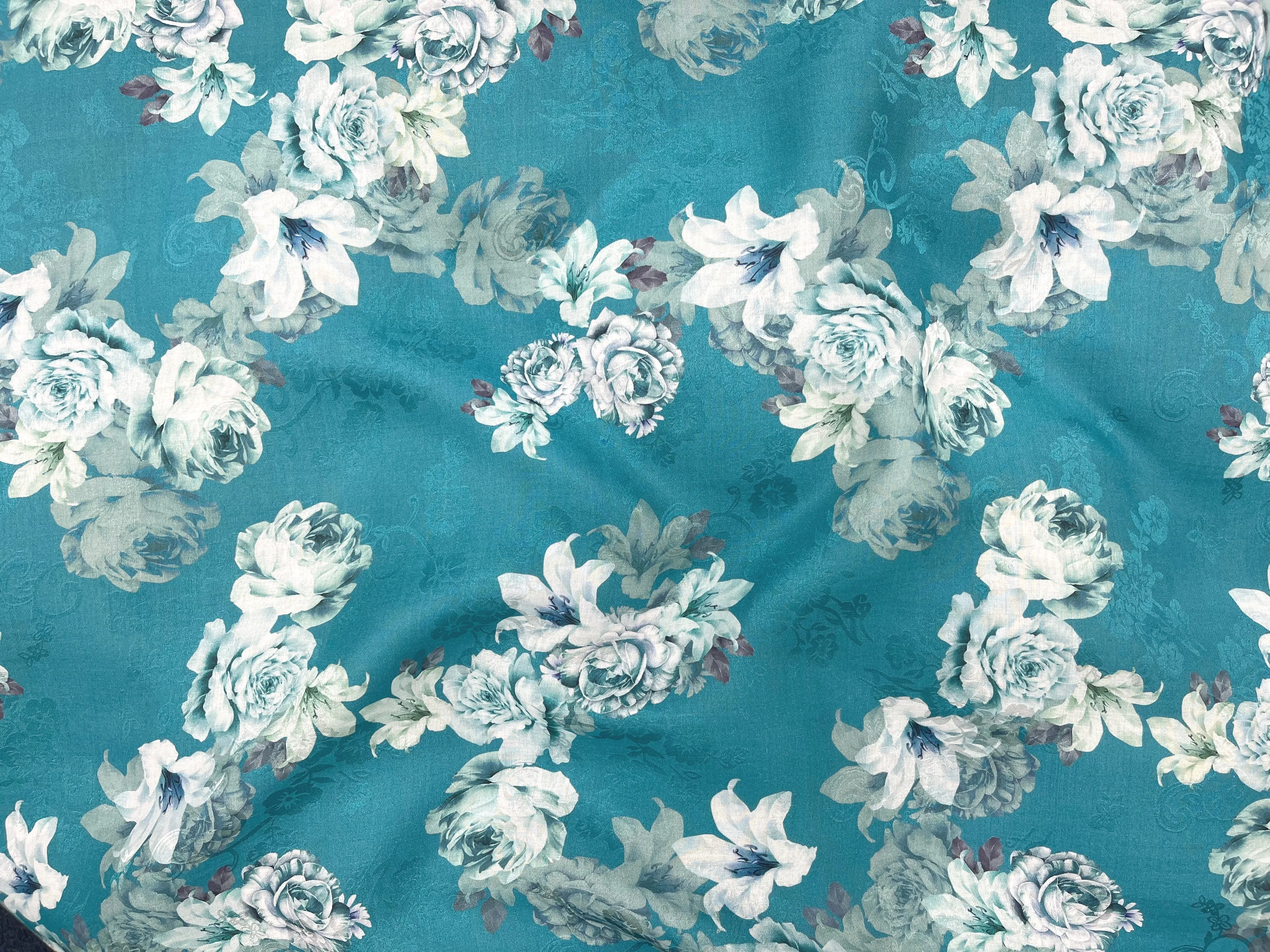 Printed Cotton Silk Fabric - Teal Rose