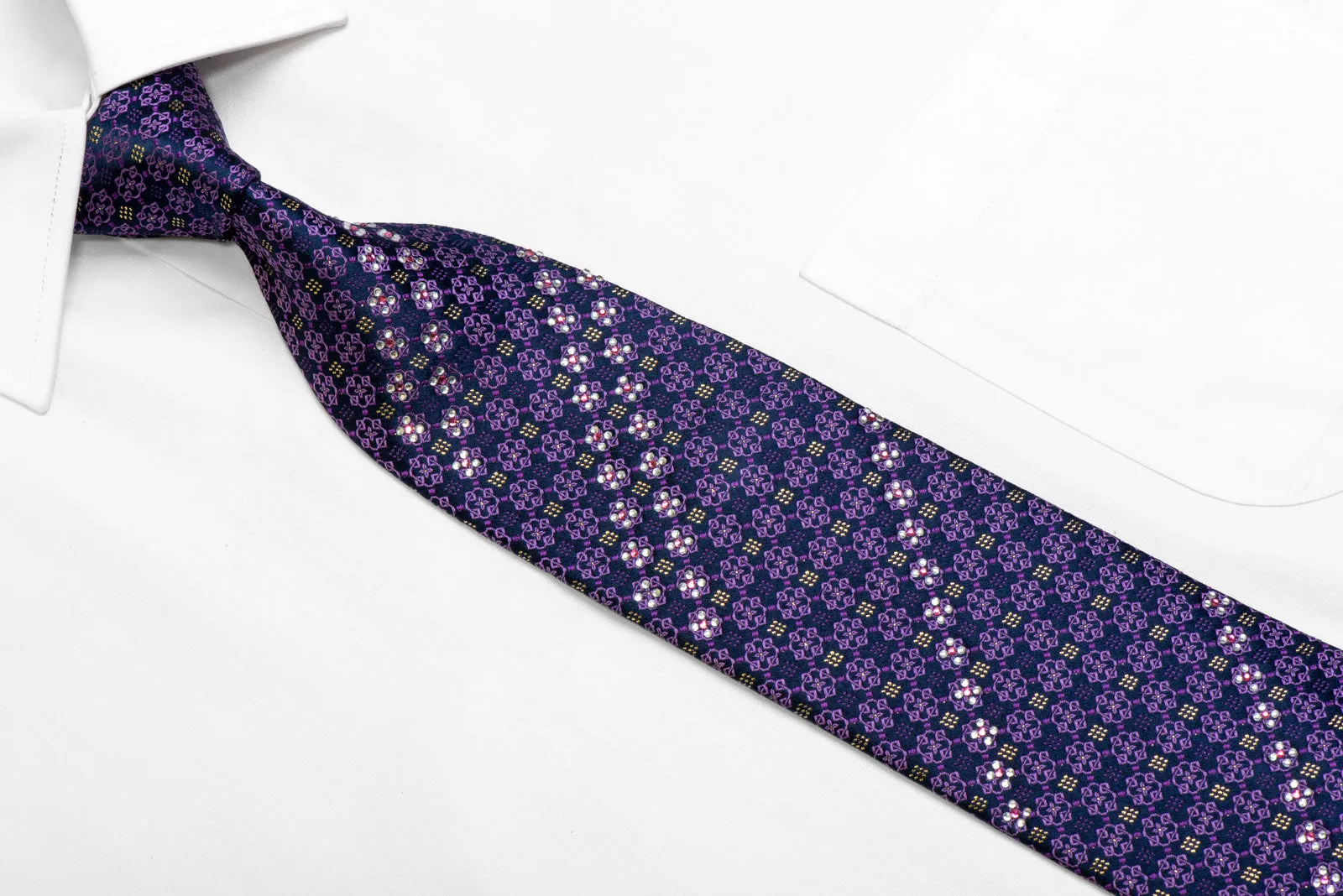 Purple Cartouche On Navy Rhinestone Necktie With Gold Sparkles