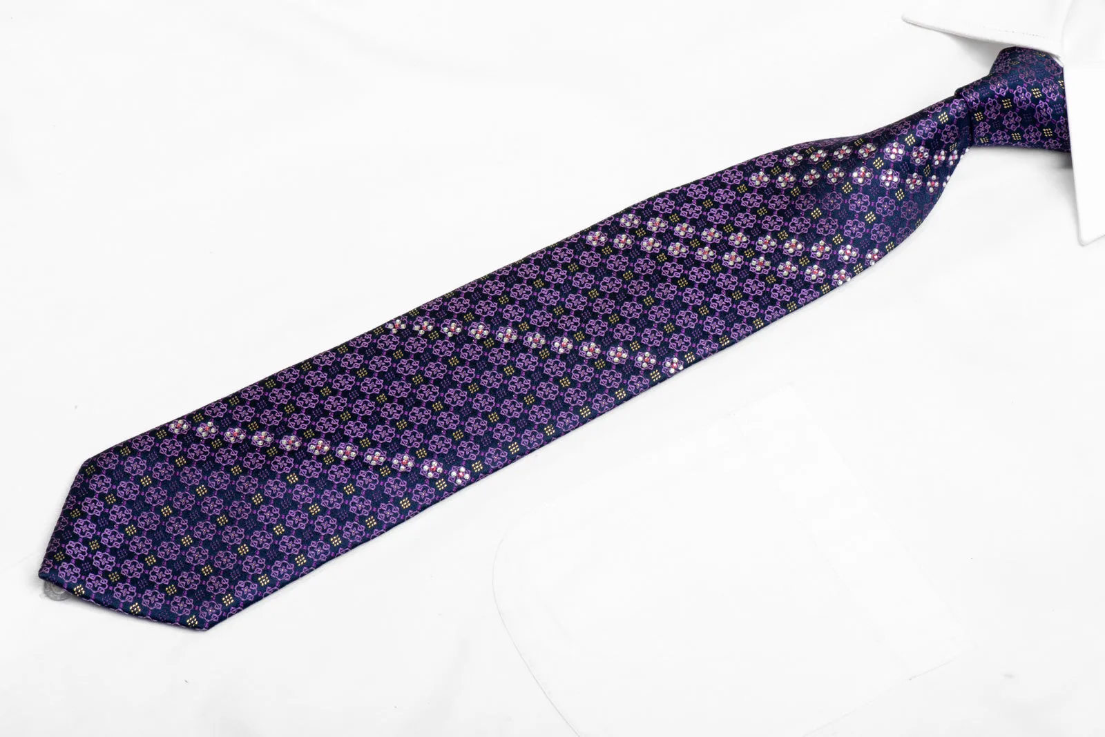 Purple Cartouche On Navy Rhinestone Necktie With Gold Sparkles