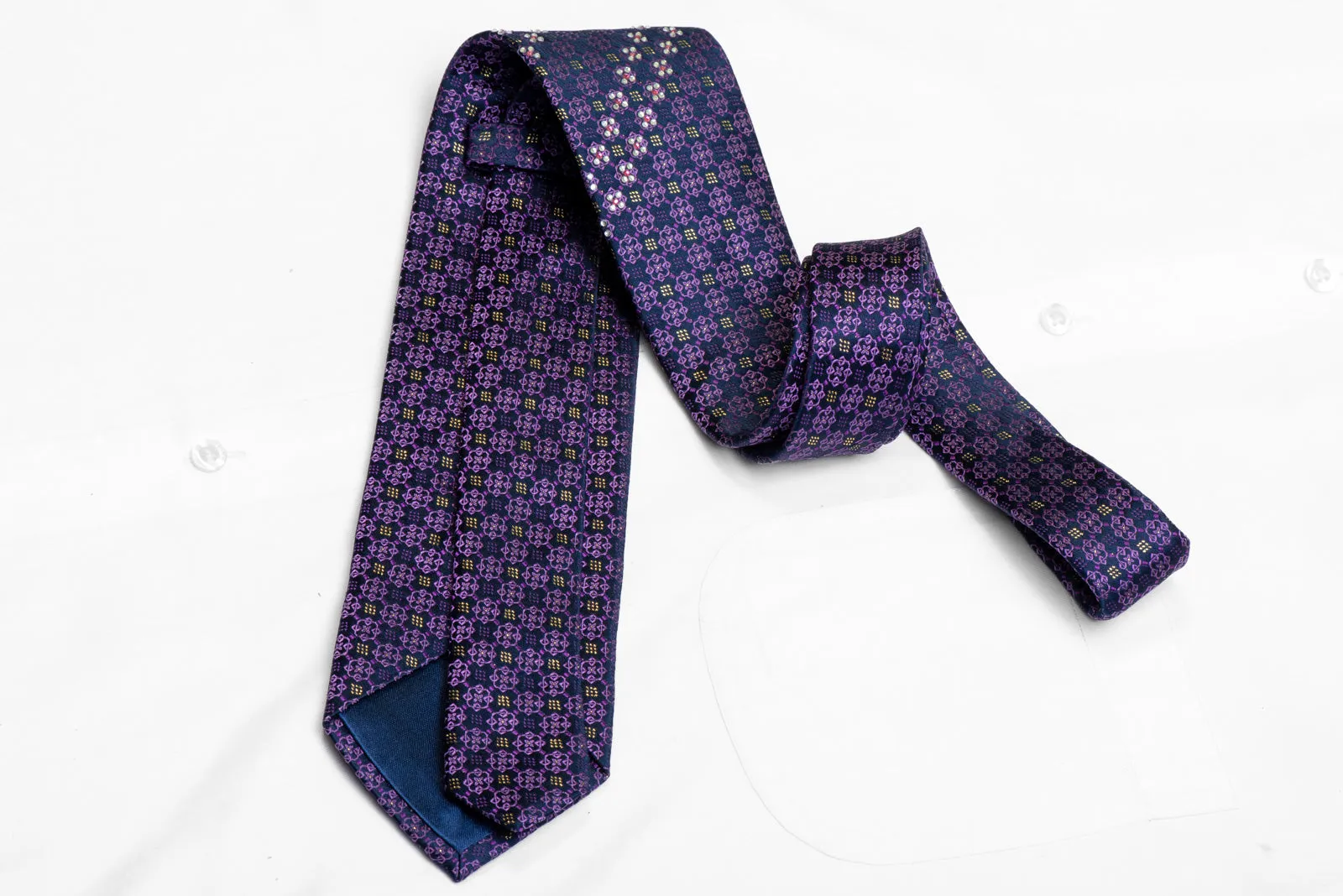 Purple Cartouche On Navy Rhinestone Necktie With Gold Sparkles