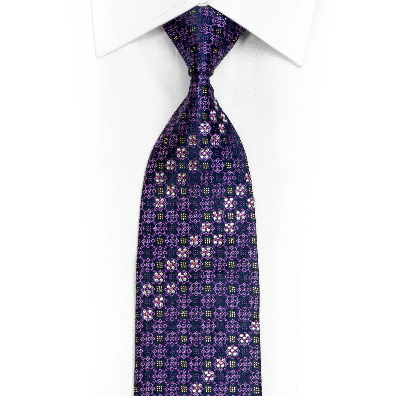 Purple Cartouche On Navy Rhinestone Necktie With Gold Sparkles