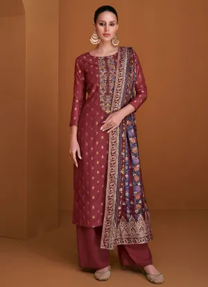 Red Rust Muslin Jacquard Unstitched Salwar Suit Material for Women