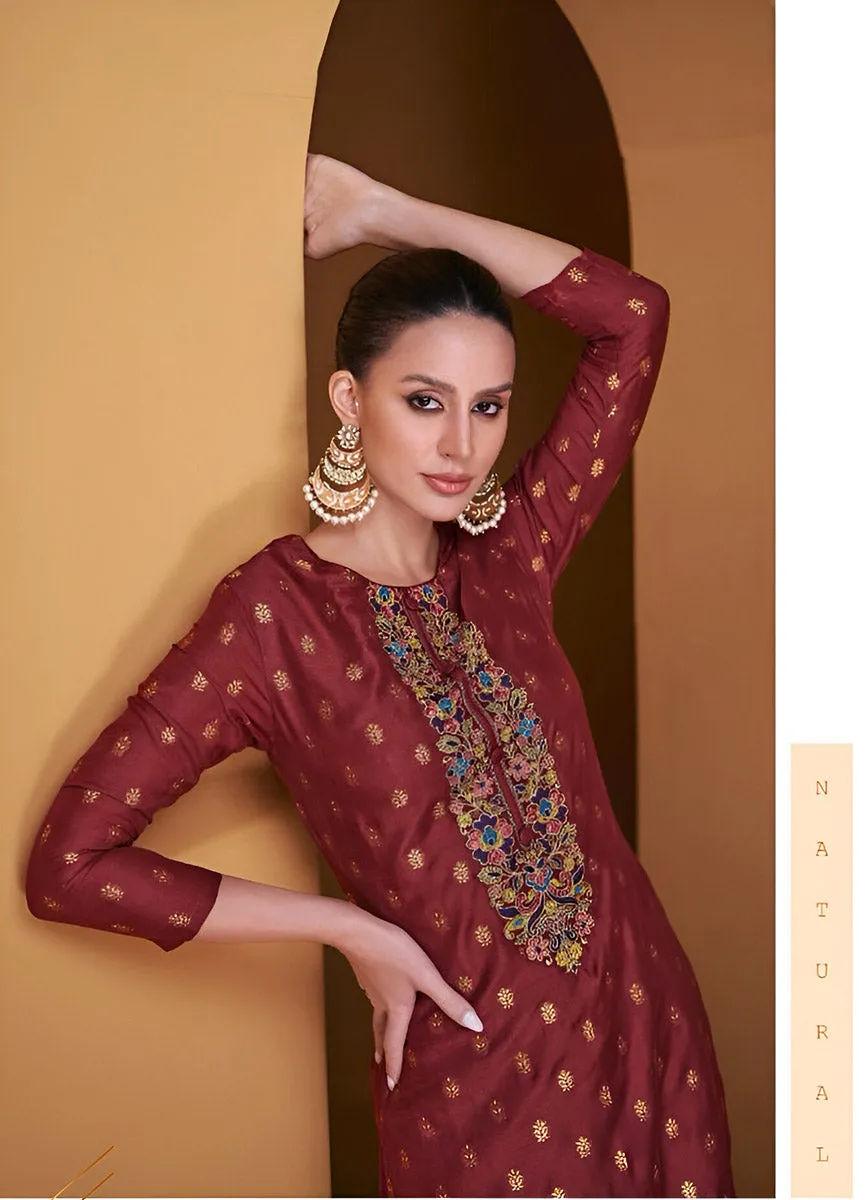 Red Rust Muslin Jacquard Unstitched Salwar Suit Material for Women