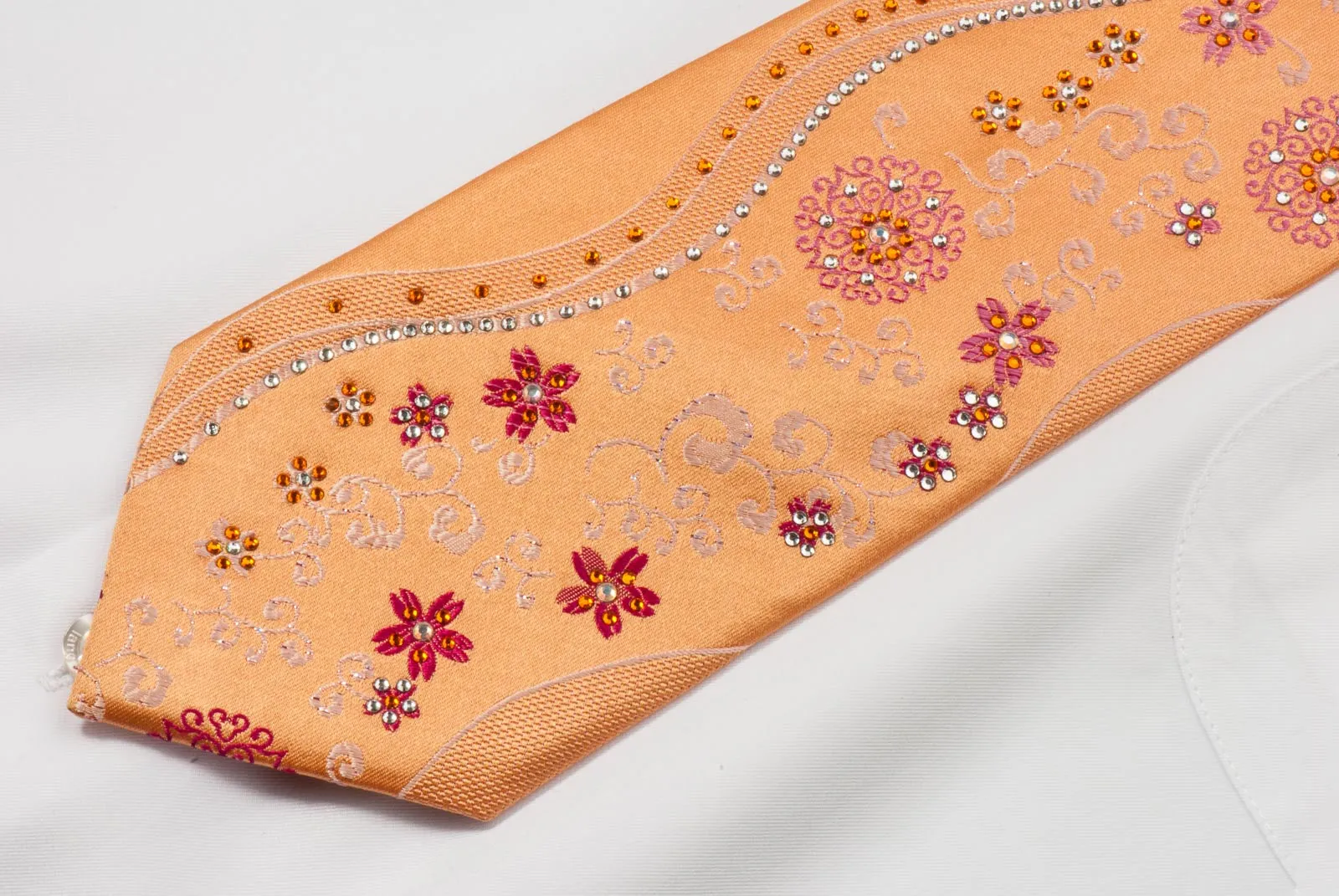 Remizio Men's Woven Silk Rhinestone Tie Floral On Peach Orange With Sparkles