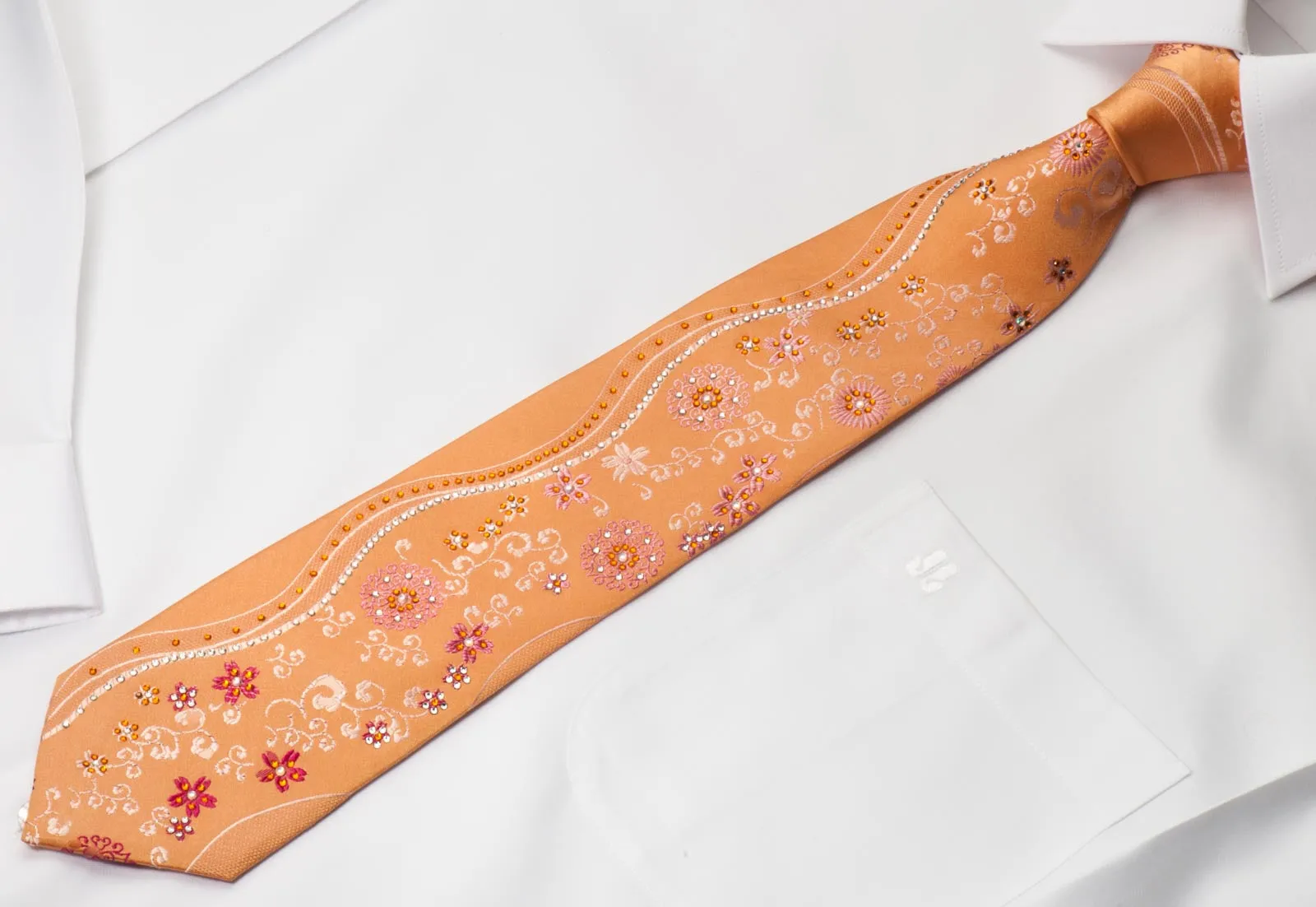 Remizio Men's Woven Silk Rhinestone Tie Floral On Peach Orange With Sparkles