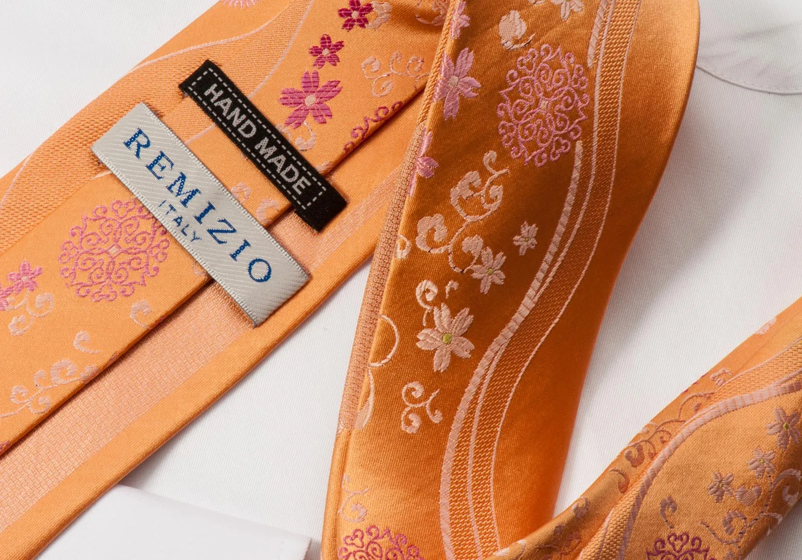 Remizio Men's Woven Silk Rhinestone Tie Floral On Peach Orange With Sparkles