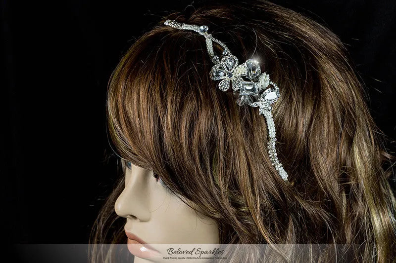 Rosalba Twin Flower Pearl Silver Headband | Swarovski Crystal