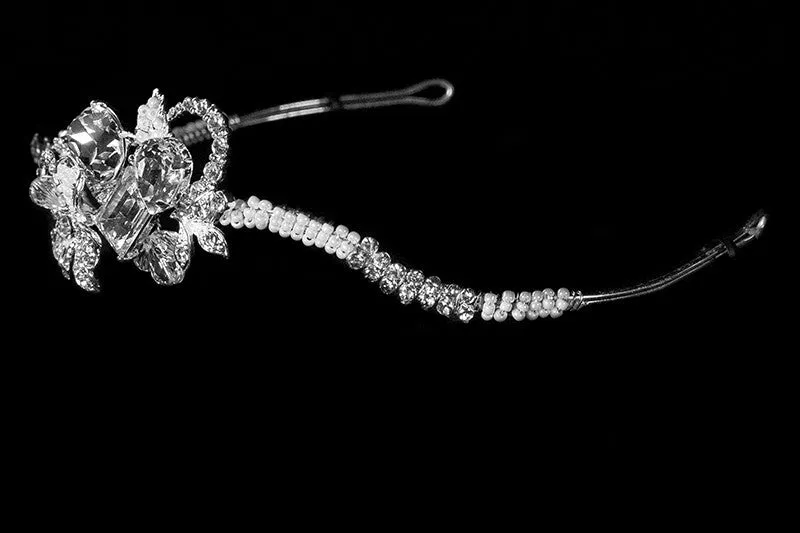 Rosalba Twin Flower Pearl Silver Headband | Swarovski Crystal