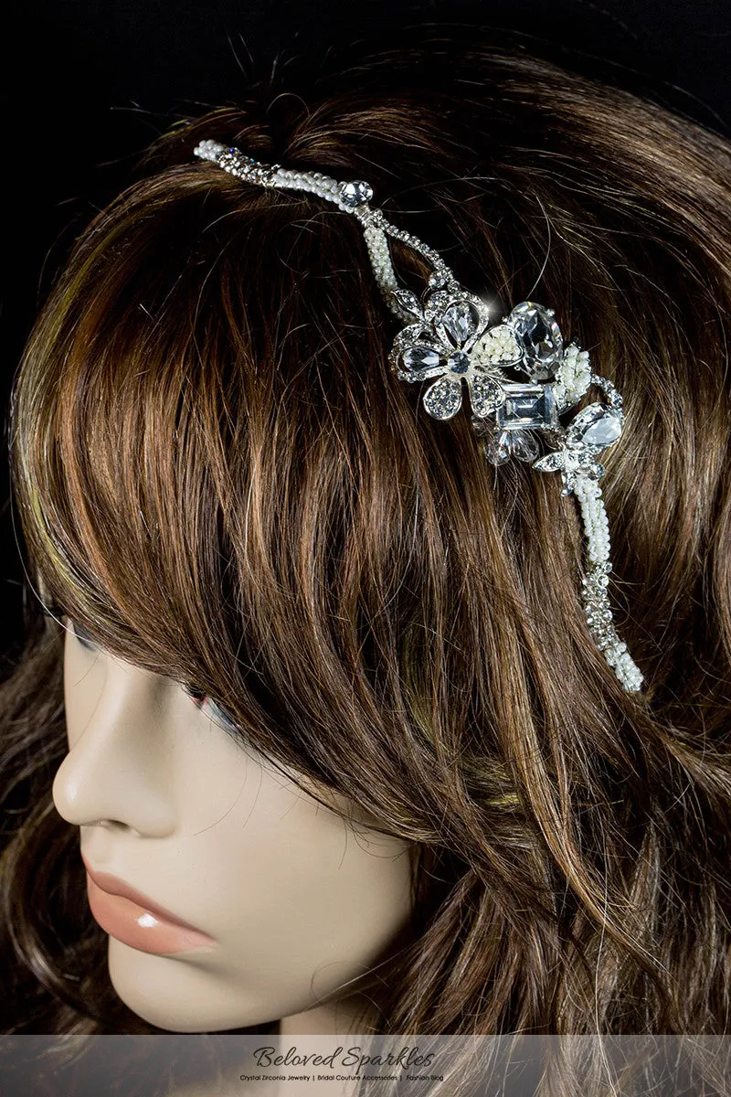 Rosalba Twin Flower Pearl Silver Headband | Swarovski Crystal