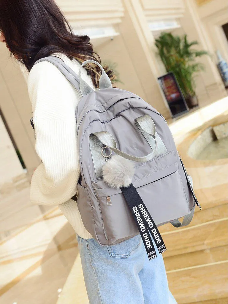 Slogan Ribbon & Pom Pom Decor Backpack