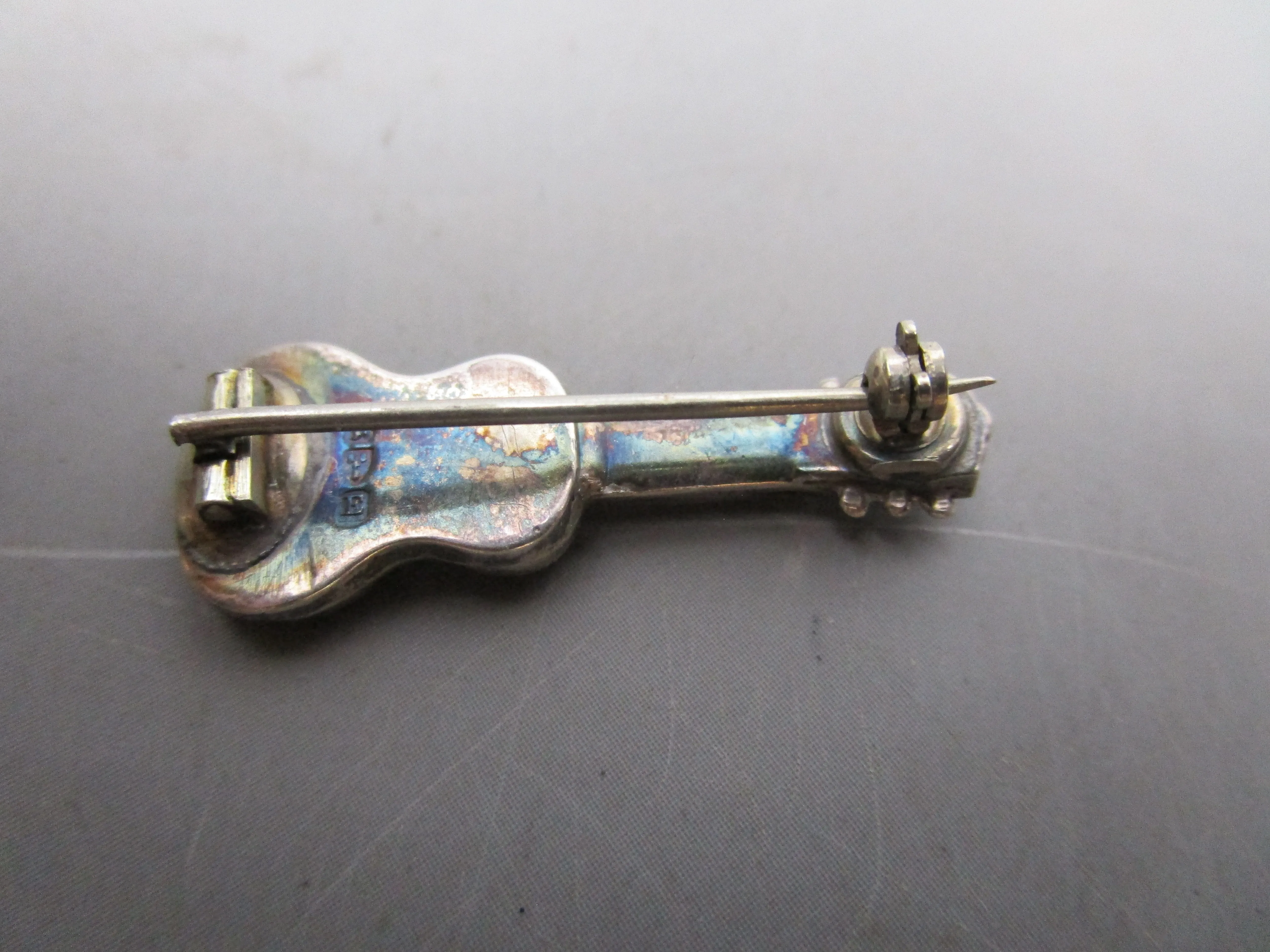 Sterling Silver Guitar Brooch Pin Antique Victorian Chester 1888