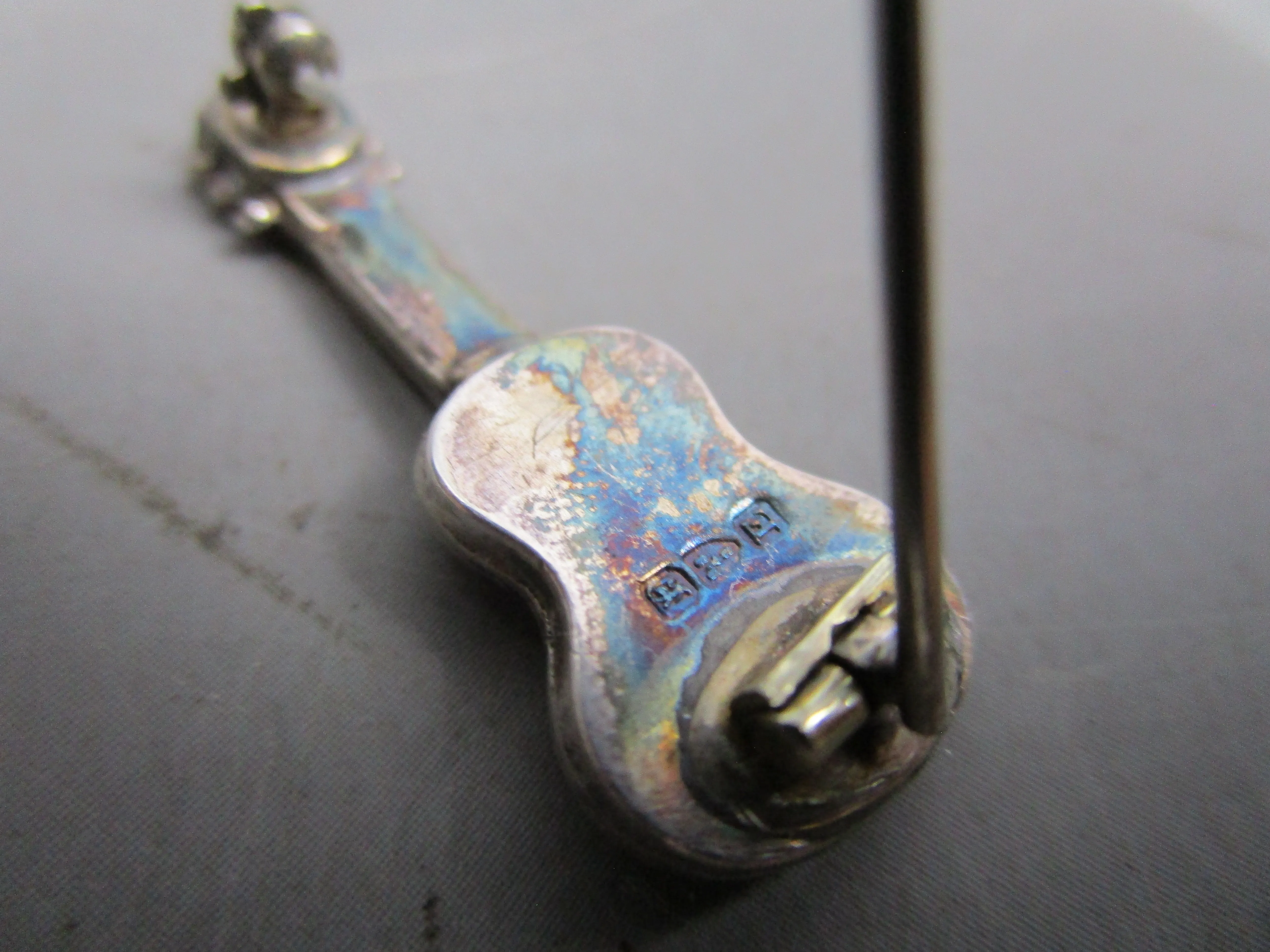 Sterling Silver Guitar Brooch Pin Antique Victorian Chester 1888