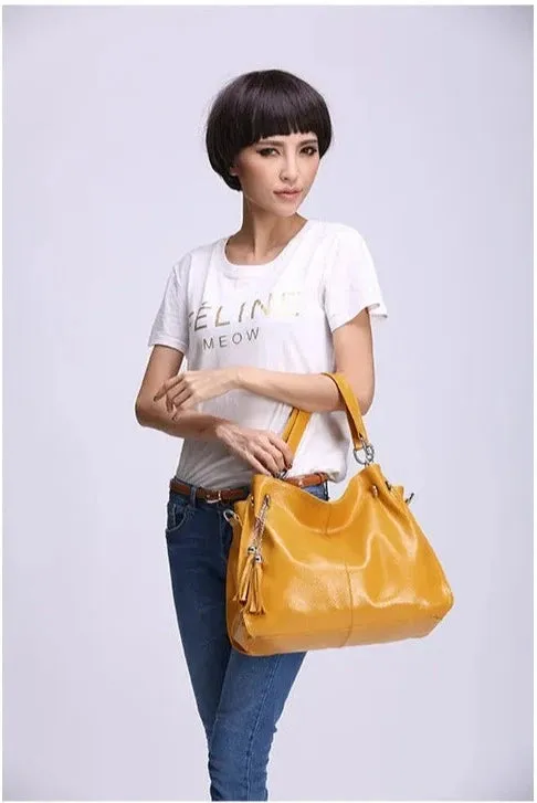 Tassel Detail Genuine Leather Shoulder Bag