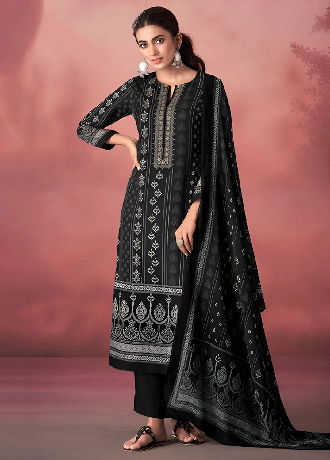 Unstitched Black Pashmina Winter Suit Material with Muslin Silk Dupatta