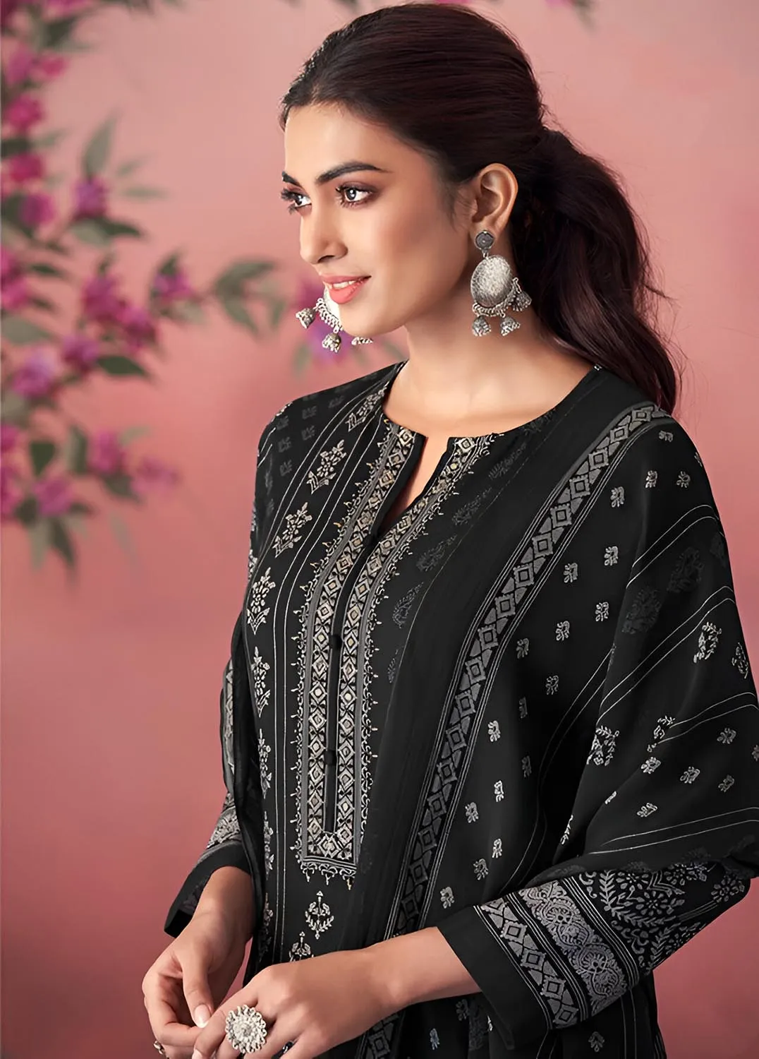 Unstitched Black Pashmina Winter Suit Material with Muslin Silk Dupatta