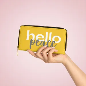 Wristlet Phone Wallet, Yellow and White Hello Peace Graphic Purse